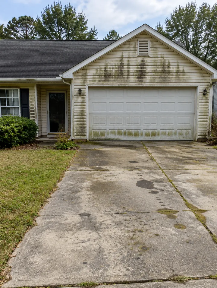 Dirty house and driveway before washing